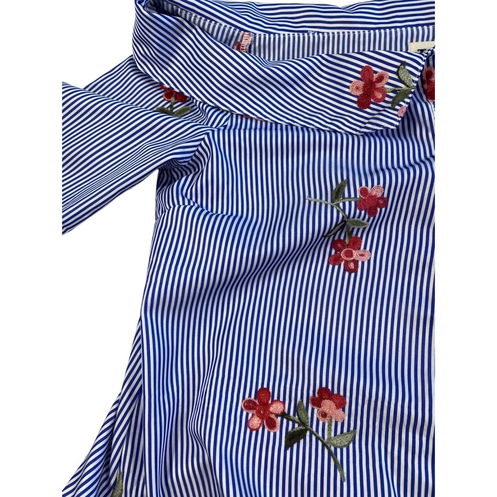 Haute Project LA Blue Stripe Floral Embroidered Tie Front Off Shoulder Top M - Picture 6 of 16
